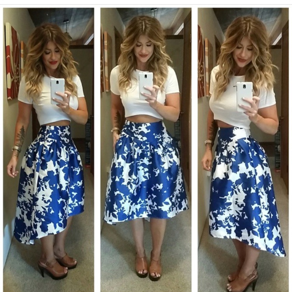 Gorgeous blue and white full, high low skirt. VICI
